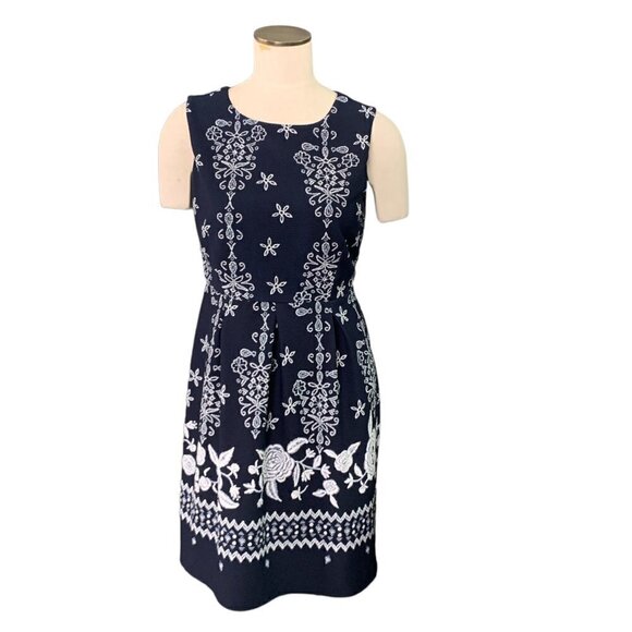 Enfocus Studio Sleeveless Stretch Textured Dress Sz 12 Navy w/ White Floral 110i - Picture 1 of 8